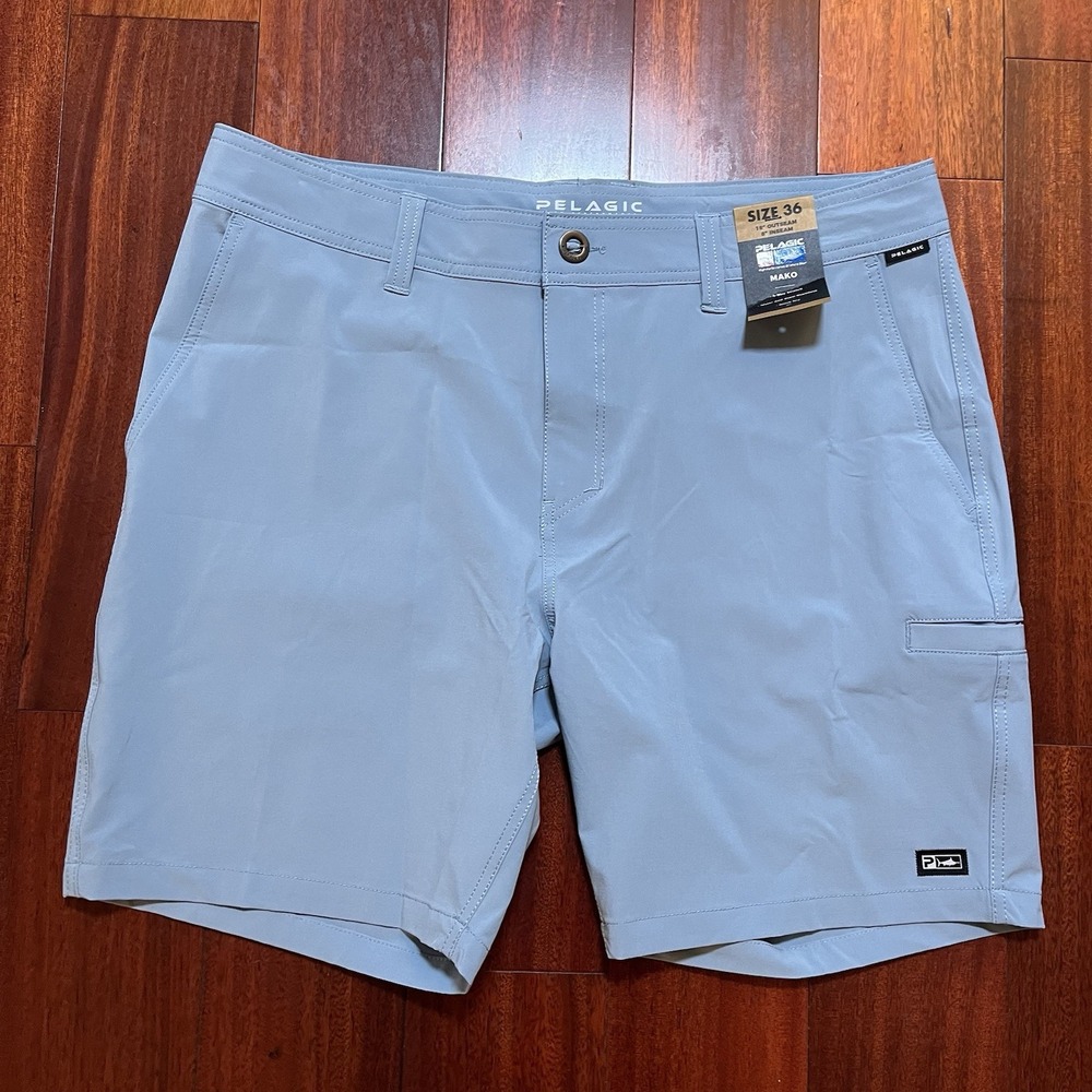 Pelagic High Performance Shorts Mens 36  Blue Mako Stretch 8" Inseam Fish READ